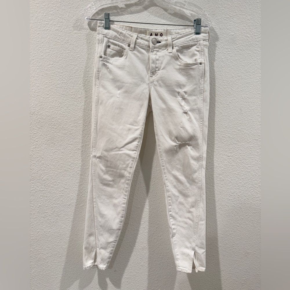 AMO White Distressed Cropped Slit Hem Skinny Zipper Fly Cotton Blend Jeans 26